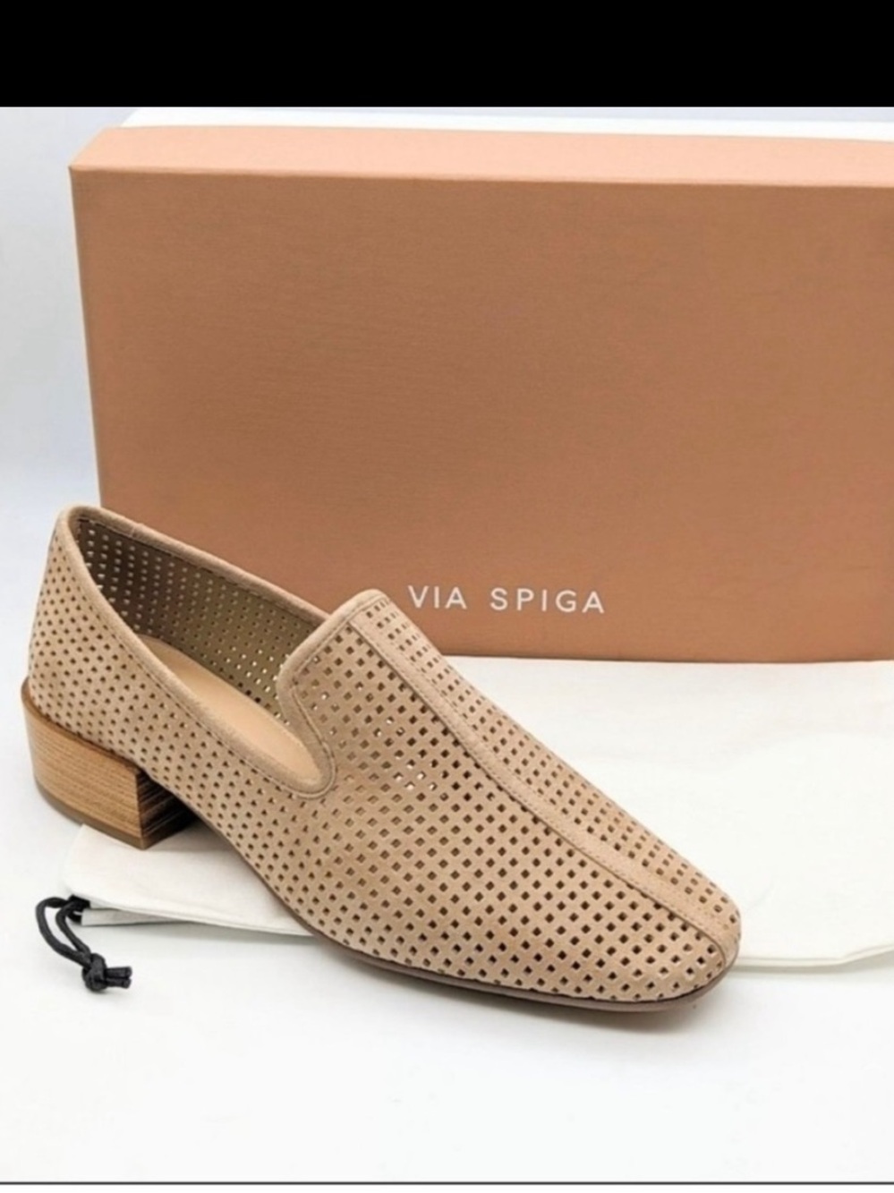 NWT Via Spiga Sz 8 Suede Leather Perforated Baudelaire Block Heel SlipOn Loafers